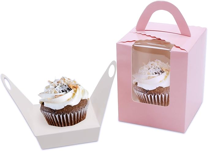 EUSOAR Cupcake Boxes Carriers, 50pcs Pink Single Individual Cupcake Boxes Holders Containers, Portable Paper Muffin Gift Boxes with Window Inserts Handle, for Wedding Birthday Party Treats Boxes