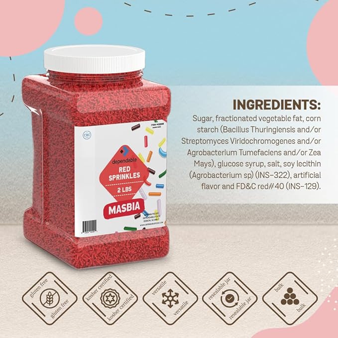 Dependable Food Red Sprinkles - 2 Lb. Bulk Container - Gluten-Free, Kosher, Red Jimmies for Cake Decorating, Cupcakes & More - Resealable Jar