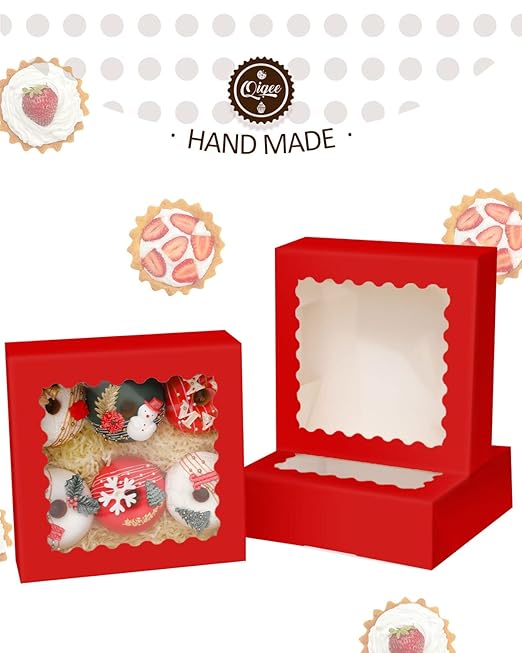 qiqee Red Pastry Box With Window 8x8x2.5 inch Donut Pie Boxes 30pcs Bakery Box Auto-pop up