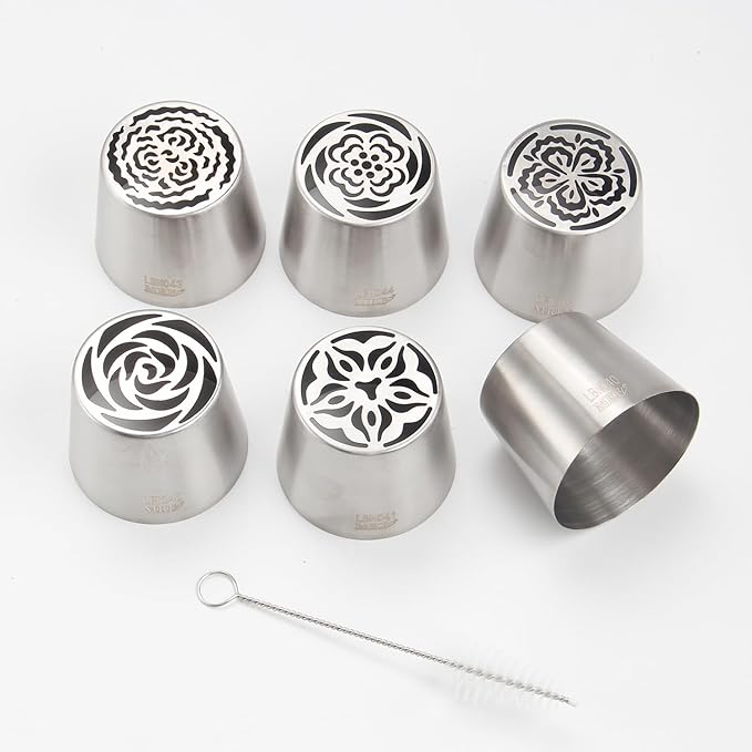Extra Large Russian Piping Tip Set - 6 Stainless Steel Marshmallow Buttercream Framing Nozzles for 3D Roses Tulip Cake Decorations and Marshmallow Bouquets, Includes 1 Cleaning Brush(6B)