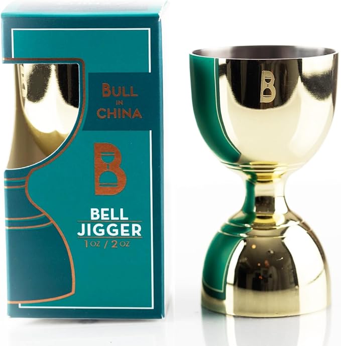Double Bell Jigger by Bull In China - 0.25oz to 2oz Measures for Cocktails, Bars & Bartenders (Gold)