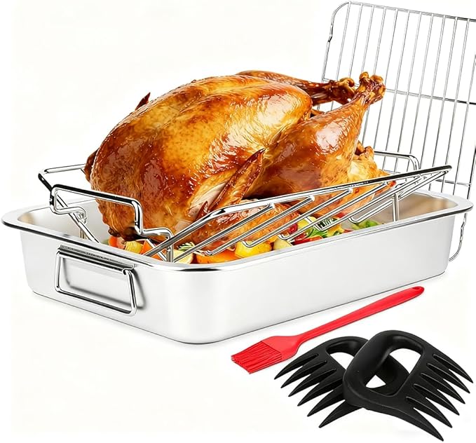 Roasting Pan Kit 15.5x11.5 Inch, Stainless Steel Turkey Roaster Baking Pan for Ovens-Heavy Duty Turkey Roaster V Rack & Cooling Rack, Deep Broiling Pan for Thanksgiving Christmas,Dishwasher Safe