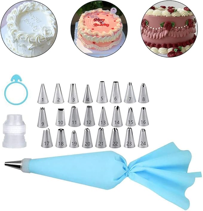 27-Piece Cake Decorating Kit with 24 Stainless Steel Nozzles, Reusable Silicone Bag, Coupler & Tie - Icing Bags and Tips Set for Cupcakes, Cookies & Baking