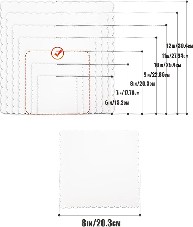 qiqee White 8 Inch Wave Cake Boards 15-Packs Squares Base Food-Grade Cardboard Wave Cake Plate（Thinner But Stronger）