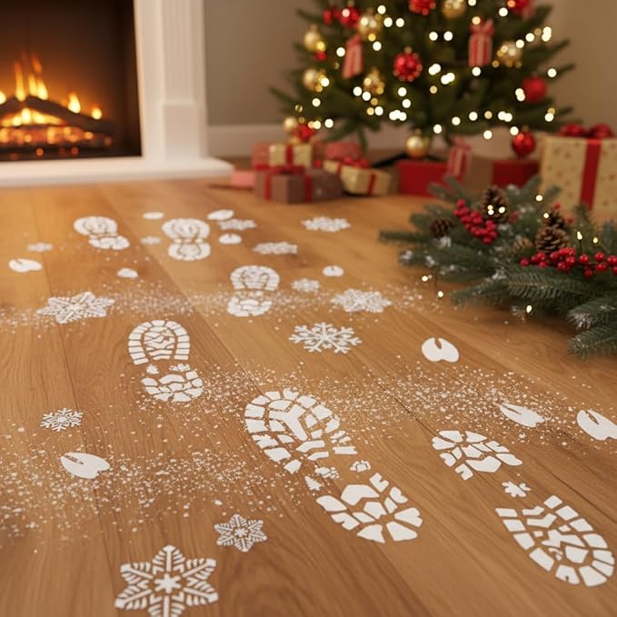 10Pcs Christmas Stencils for Painting Santa Footprints for Floor, Reindeer Foot and Snowflake Stencils Template,Reusable Plastic Elf Foot Print Stencil on DIY Craft Holiday Xmas Decor