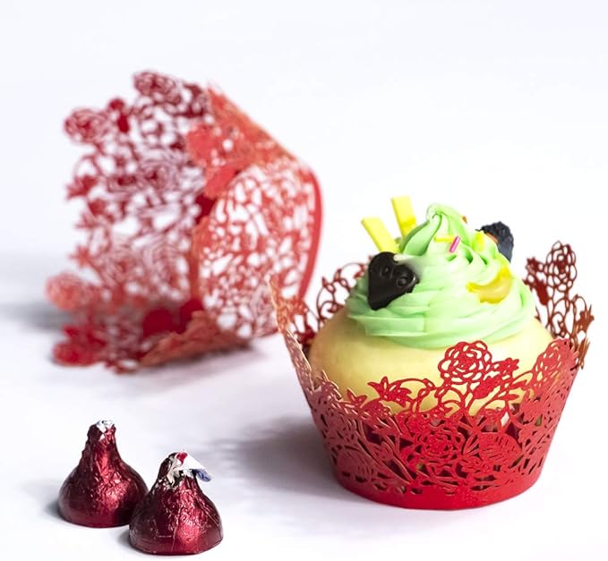 YOZATIA 60pcs Red Rose Lace Cupcake Wrappers Holders, Laser Cut Cupcake Liners Decorative Liners for Wedding Party Birthday Cake Decoration Supplies (Red)