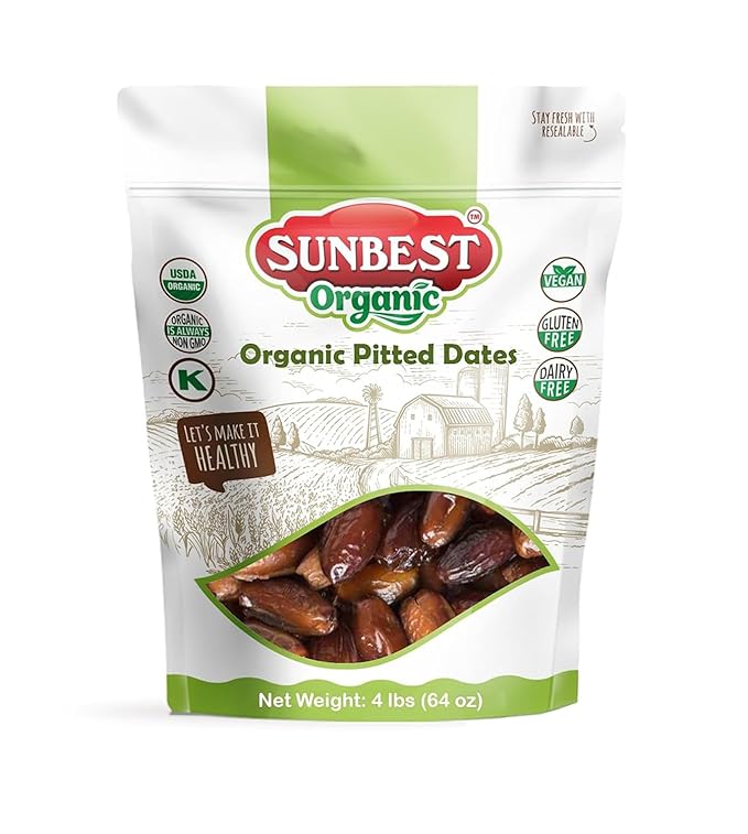 Sunbest Natural Organic Sun-Dried Deglet Noor Dates – 4 lb Bulk Bag (64 oz) – Organic Pitted Dates – Naturally Sweet & Chewy – Non-GMO, Vegan, Kosher, No Sugar Added – Ideal for Snacking & Recipes