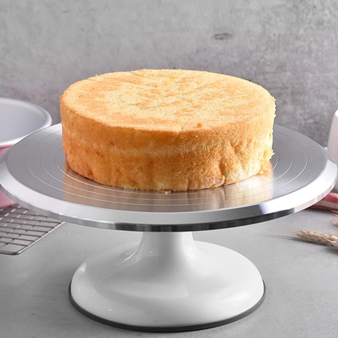 Revolving Cake Decorating Stand, Silent Bearing Cake Turntable 10 Inch Sturdy Rounded Edges Professional Aluminum Alloy for Cake Decorating Supplies (White)