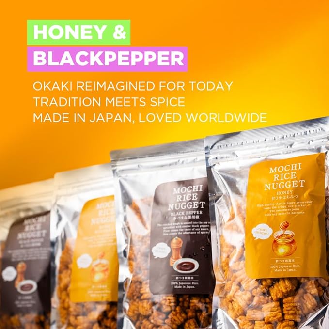 Mochi Rice Nuggets – Japanese Rice Crackers, Rice Crispy Treats, Japanese Snacks, No MSG, No Artificial Colors or Preservatives, Made in Japan, arare rice crackers, Honey Glazed 4.9oz (140g)