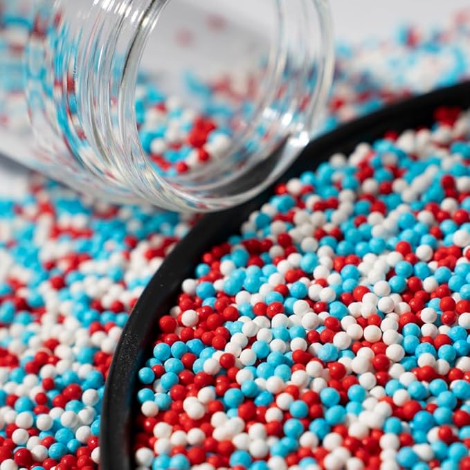 Nonpareils Sprinkles, White Edible Pearl Sprinkles for Cake Decorations, Baking, Ice Cream, Cookies, Cupcake Topper Edible Pearls Sprinkles - 2mm Matte White Sugar Pearls for Cake Decorating ( 130g/4.6oz )1 Bottle (2mm red blue)
