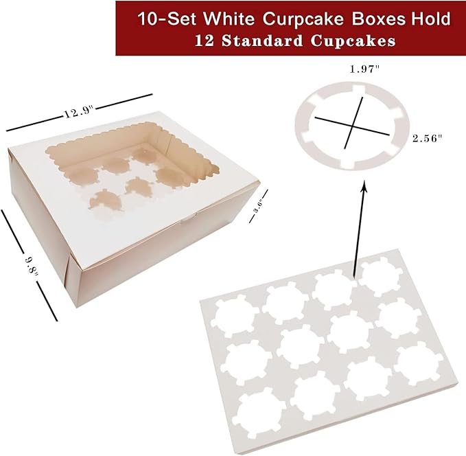 10-Set Cupcake Boxes Bulk with Clear Display Window Hold 12 Standard Cupcakes, Disposable Food Grade White Cupcake Carrier Cupcake Container, Perfect for Cupcakes Muffins Cookies Pastries