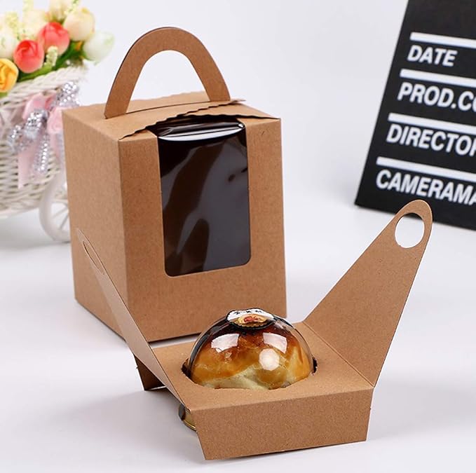 ihomecooker 25 Pcs Single White Cupcakes Containers Gift Boxes with Window Inserts Handle for Wedding Candy Boxes (25P-Handle-Brown)
