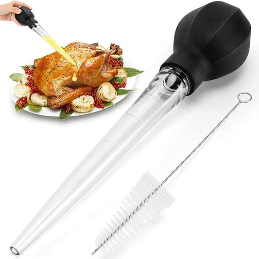 SCHVUBENR Large Turkey Baster with Cleaning Brush - Premium Baster Tool for Cooking - Easy to Use and Clean - Powerful Bulb Baster Syringe - Dishwasher Safe - Flavor Meat Poultry, Beef, Chicken(Black)