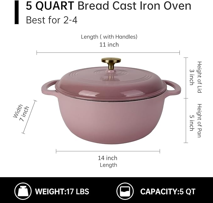 Premium Enameled Cast Iron Dutch Oven for Bread Baking | Non-Stick 5.5QT Oval Bread Oven with Lid | Perfect for Sourdough, Loaf, and Artisan Baking (Round Pink, 5.5 QT)