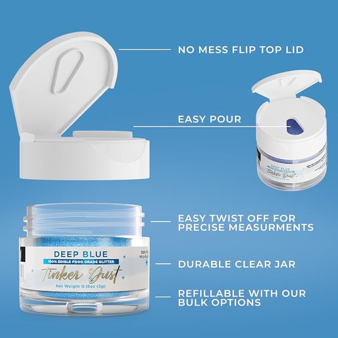 Bakell - Deep Blue Tinker Dust (5g, 1x Jar) Edible Glitter for Food, Desserts, and Beverages!