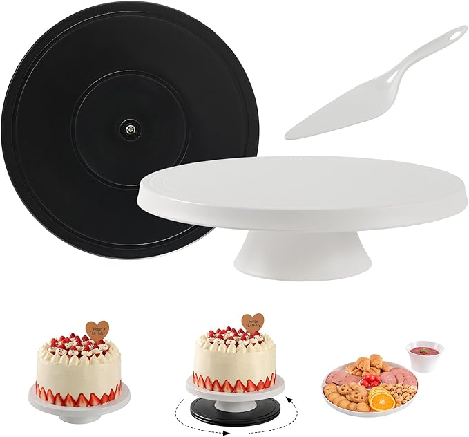12 inch Revolving Cake Stand with Spatula, White Rotating Cake Turntable for Cake, Bamboo Fiber, Multi-Functional Rotating Cake Stand for Decorating Used as Cake Plate Holder & Serving Platter