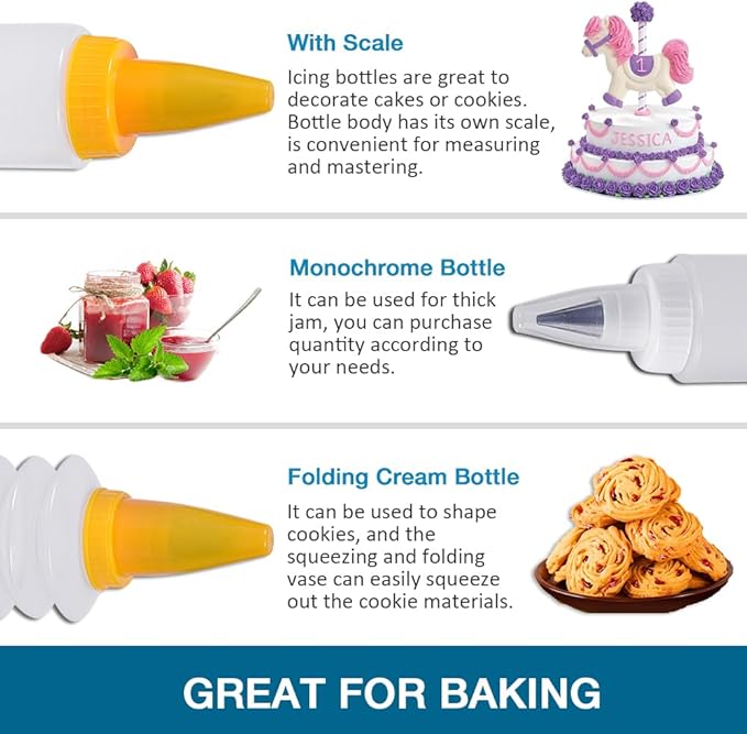 Icing Bottles with Stainless Steel Piping Tips (8 pcs) - 2 Foldable, 4 Beak, 2 Bicolor Bottles, Plastic & Stainless Steel, White & Yellow, Cake Decorating
