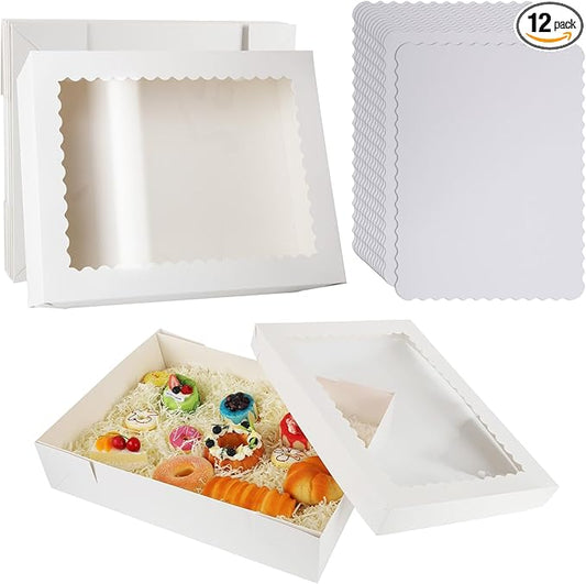 12 Sets 14x10x4in White Bakery Boxes Half Sheet Cake Boxes with Board, Large Treat Boxes for Pastry Baking Cake Donuts Cupcake Pie Packaging