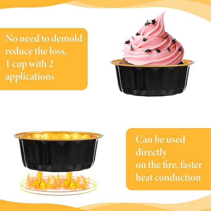 100 Pack 8 oz Disposable Ramekins with Lids, Disposable Ramekin Baking Cups Creme Brulee Ramekin Black Gold Aluminum Foil Cupcake Containers for Wedding Christmas Kitchen Party Graduation