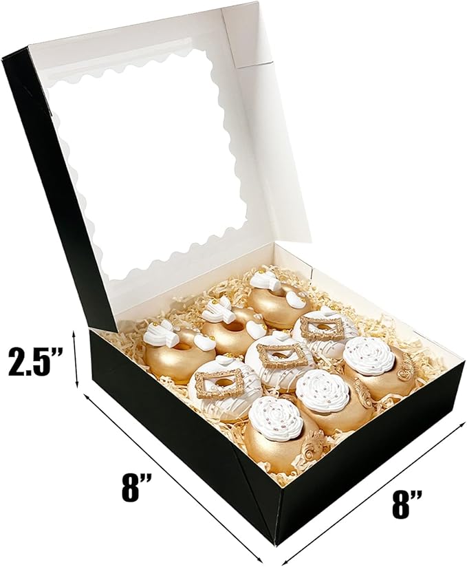 Bakepacker 55pcs Black Pie Boxes 8x8x2.5 inches Easy Assemble Macaroon Cookie Boxes Bakery Boxes with Window for Bakery (Auto-pop Up)