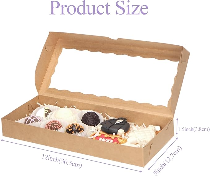 50pcs 12x5x1.5Inches Brown Cookies Boxes with Window Bakery Boxes Chocolate Truffle Boxes Macaron Boxes Cakesickle Boxes Browines Treat Boxes for Christmas Valentine's Father's Mother's Day
