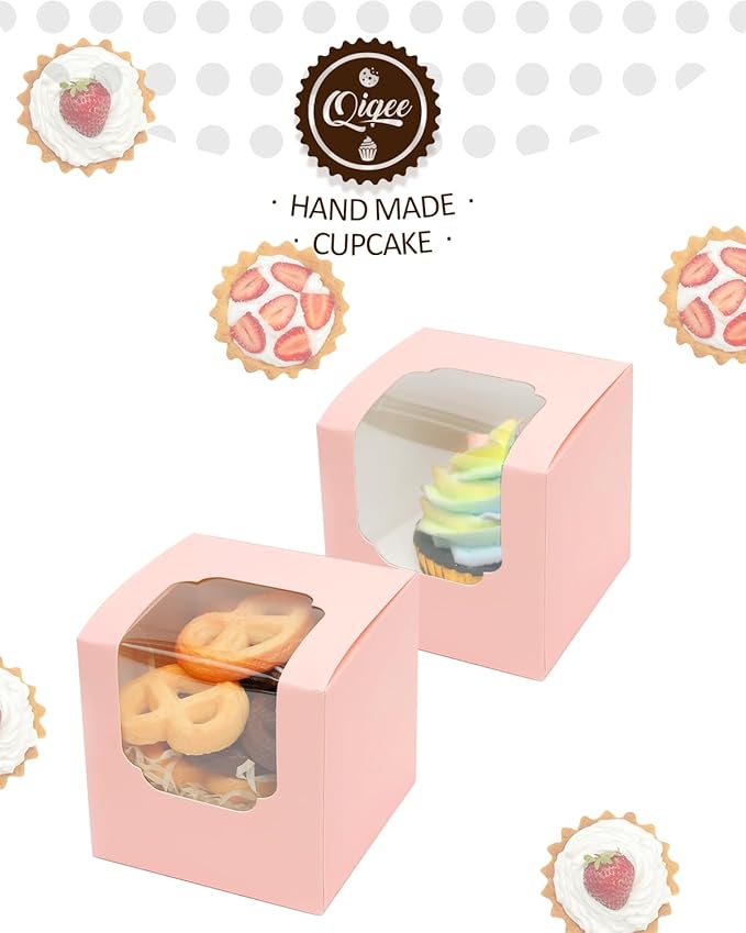 qiqee Pink Cupcake Boxes Individual 100 Packs 3.5x 3.5x 3.5 Auto-Popup Single Cupcake Carrier for Wedding Favor Birthday ＆ Party