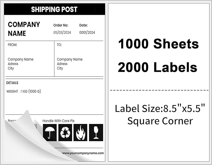 Half Sheet Shipping Labels,Self Adhesive Mailing Labels for Laser & Inkjet Printers,White 8.5x5.5 Half Page Label,1000 Sheets