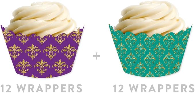 Andaz Press Party Cupcake Wrapper Decorations, Mardi Gras Themed Purple and Aqua Fleur De Lis, 24-Pack, Theme Colored Bulk Cake Supplies