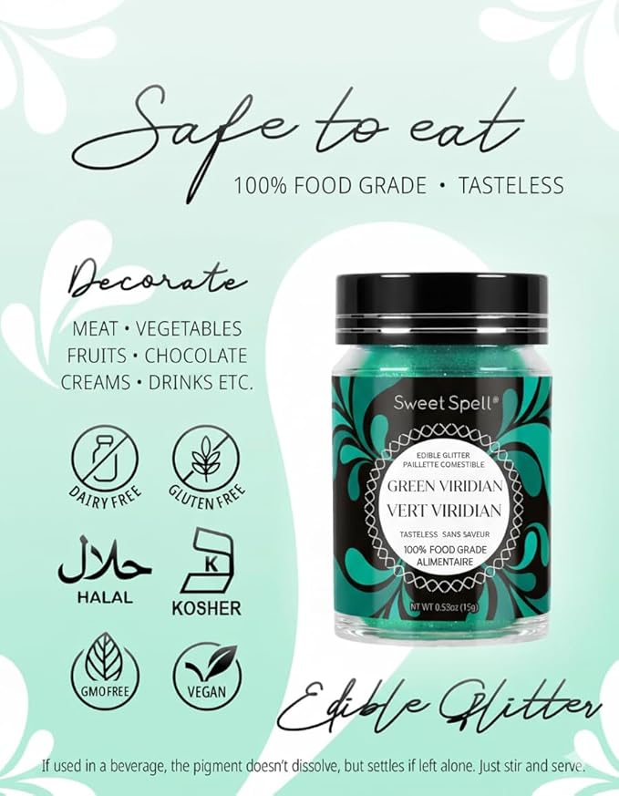 Sweet Spell Edible Glitter (15g) - Shimmer Sparkles for Drinks, Cakes, Cocktails - 100% Edible & Food Grade Glitter, Vegan, Gluten-Free (Mermaid Green)
