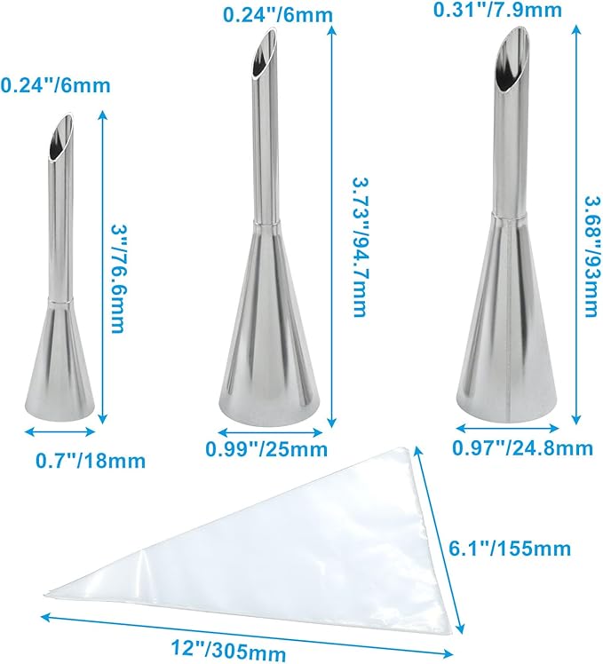 3 Pack Stainless Steel Piping Nozzle Tips with 50 Piping Bags, Long Cream Puff & Small Filling Nozzles for Cake/Pastry Decorating