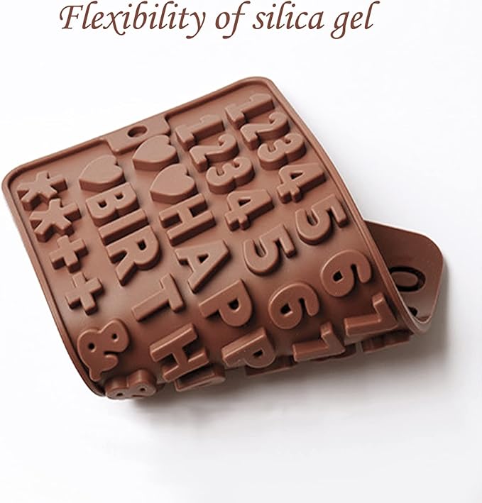 Silicone Letter Number Molds,Reusable Chocolate Molds with Happy Birthday Cake Decorating Symbols(Brown 2pcs)