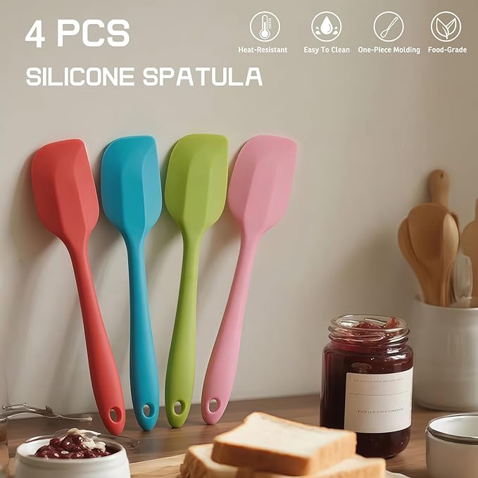 Silicone Spatula, 11 inch Rubber Spatulas Heat Resistant Cooking Utensil Set Non-Stick Flexible Baking Spatulas with Stainless Steel Core for Cake/Cream/Butter/Batter Mixing/Cooking (4-Piece)