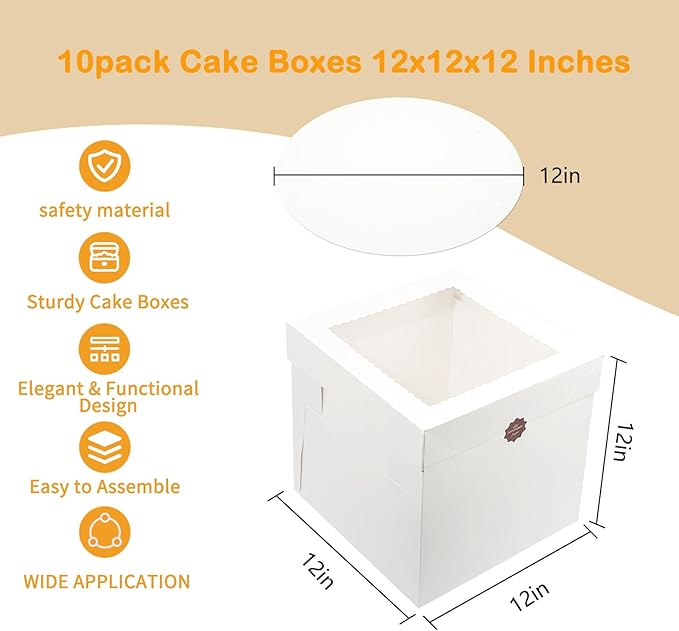 Aufind 16pcs Cake Boxes with Cake Board, 12x12x12 Inches White Bakery Boxes with Large Window for Cookies, Donuts, Cupcakes, Pastry & Pies