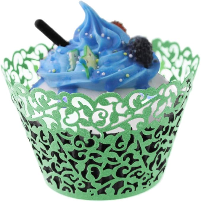 GOLF 100Pcs Cupcake Wrappers Artistic Bake Cake Paper Filigree Little Vine Lace Laser Cut Liner Baking Cup Wraps Muffin CaseTrays for Wedding Party Birthday Decoration (Green)
