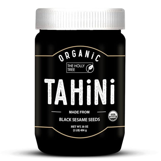 Organic Black Tahini Paste 16 oz (1lb) - Black Sesame Paste - USDA Certified, Kosher, Gluten Free Tahini Sauce - Creamy Tahini Organic with Hulled Sesame Seeds for Dressigns, Dips, Spreads & Hummus - The Holly Tree