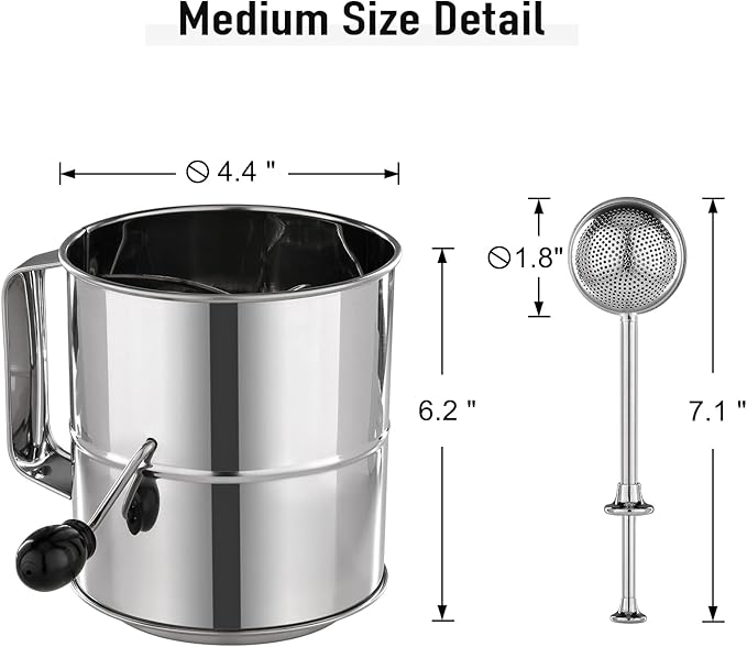 PIQUEBAR Flour Sifter - 5 Cup Fine Mesh Hand Crank Sifter Stainless Steel with Agitator Wire Loop for Baking, Powdered Sugar Duster Set
