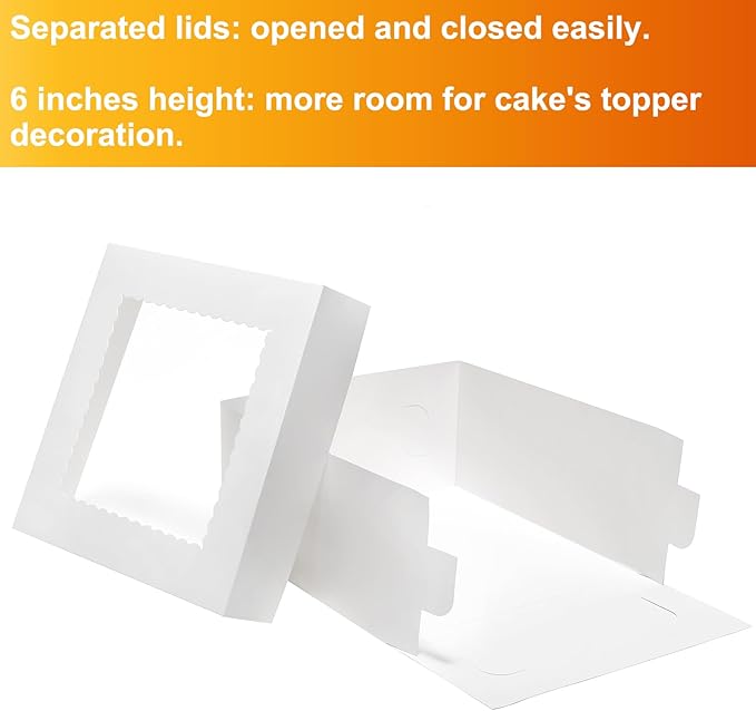 Cake Boxes 12x12x6 Inches 6 Pack Bakery Boxes with window for Tier Cakes 12 Inch Layer Tall Baking Carrier White Cardboard Bakery Take Out Transport Containers for Wedding, Birthday, Party