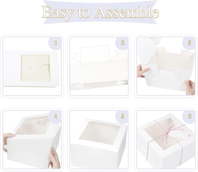 20Pcs 10 Inch Cake Boxes with Window, 10x10x5 Inches White Bakery Boxes, Cake Carrier Container for Pastries, Pie, Cookies, Chocolates, Cupcakes, Birthday Party, Wedding