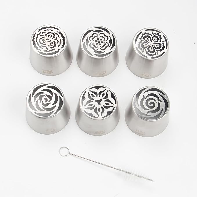 Extra Large Russian Piping Tip Set - 6 Stainless Steel Marshmallow Buttercream Framing Nozzles for 3D Roses Tulip Cake Decorations and Marshmallow Bouquets, Includes 1 Cleaning Brush(6B)
