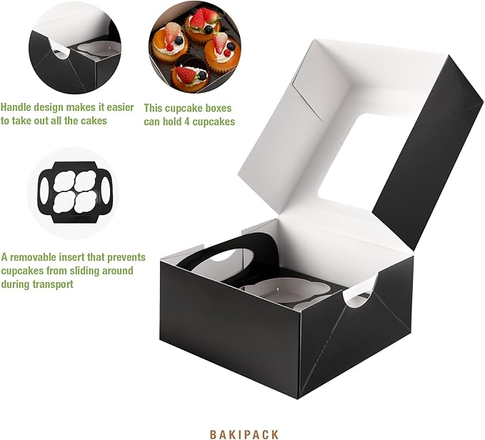 25 Black Cupcake Boxes, 4 Count Cupcake Containers with Window and Inserts, 6.3×6.3×3 Inches Cupcake Holders for Cupcakes, Muffins, Cookies, Desserts, Pastries