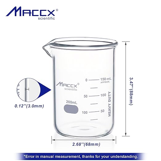 6.7oz(200ml) Sturdy Glass Beaker, Heavy-Duty Lab Beaker Set, 3.3 Borosilicate Griffin Low Form with Printed Graduation, Pack of 6, BKL200-006