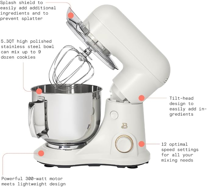 Beautiful 5.3QT 300W Stand Mixer with 12 Speeds, Tilt-Head, Splash Guard & Dishwasher-Safe Accessories, Soft Matte Finish – Mixes Up to 9 Dozen Cookies, Includes Dough Hook & Whisk (White Icing)