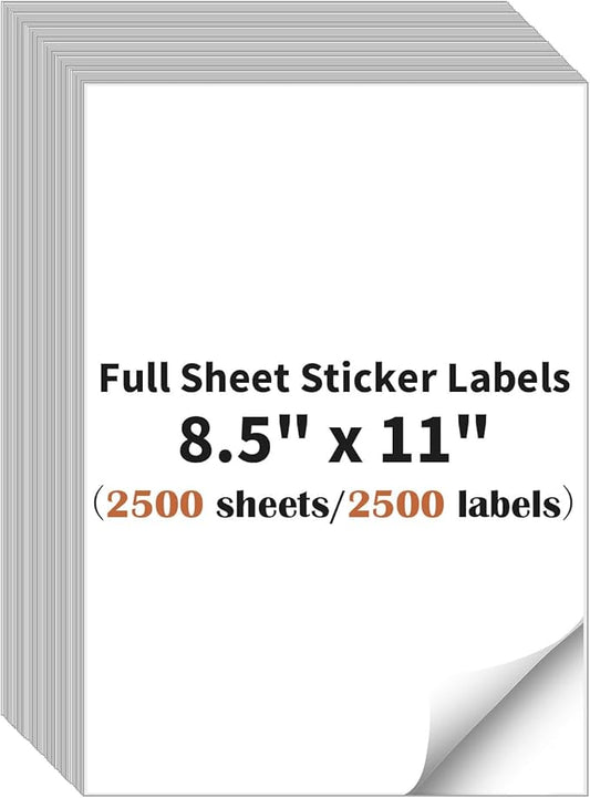 Full Sheet Sticker Label, 8.5" x 11" Shipping Label Paper (2500 Sheets, 2500 Labels), Self Adhesive Full Sheet White Matte Paper, Address Sticker Labels for Laser & Inkjet Printer
