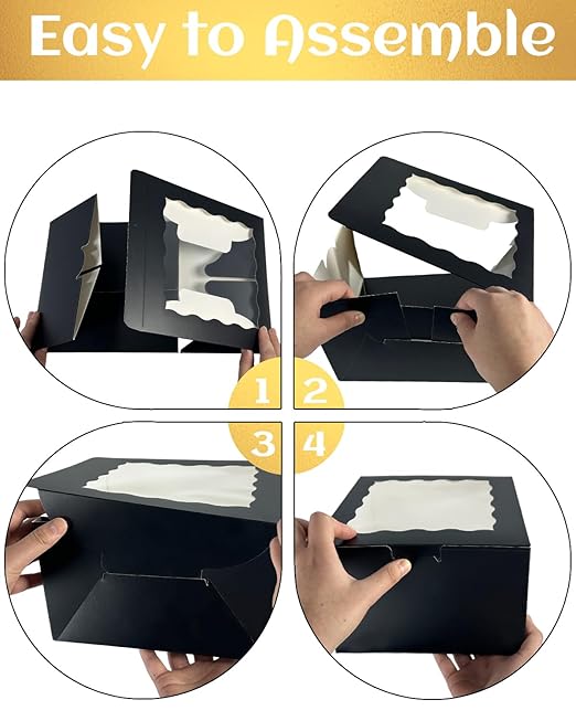 qiqee 10x10x5 Cake Box, 4 Sets Black Cake Box with Window ＆ 4 Sets 10" Black Cake Round Boards, 10inch Cake Containers