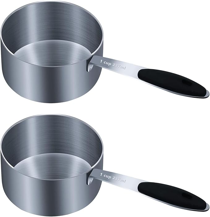 2PCS 1Cup (237ml, 8oz) Single Measuring Cup with Black Silicone Grip, Stainless Steel Individual Measure Scoop Only