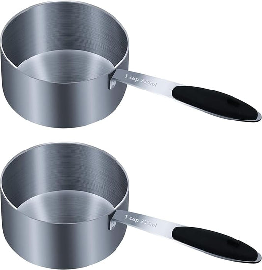 2PCS 1Cup (237ml, 8oz) Single Measuring Cup with Black Silicone Grip, Stainless Steel Individual Measure Scoop Only