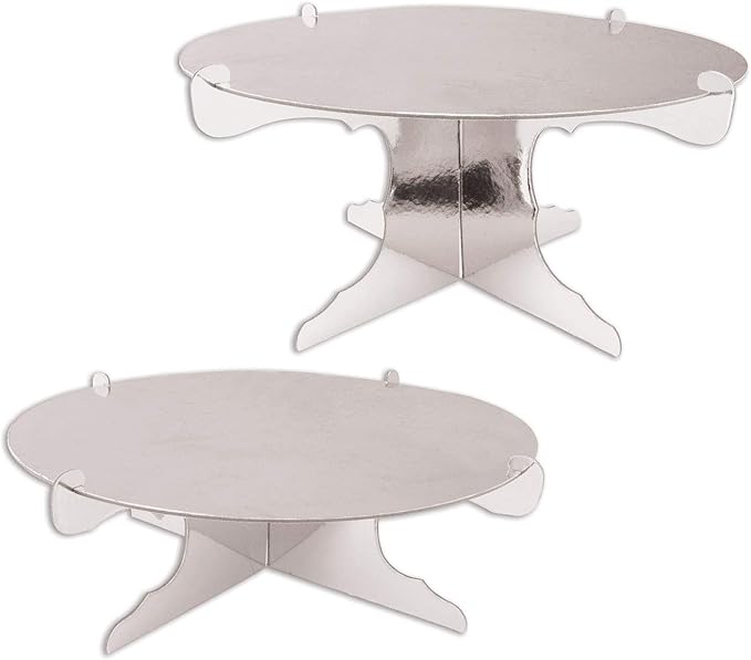 Beistle 2 Piece Durable Metallic Cake Stands For Weddings Anniversary Birthday Party Cupcake Holder Baby Shower Celebration Supplies, 4"-6" x 12.5", Silver