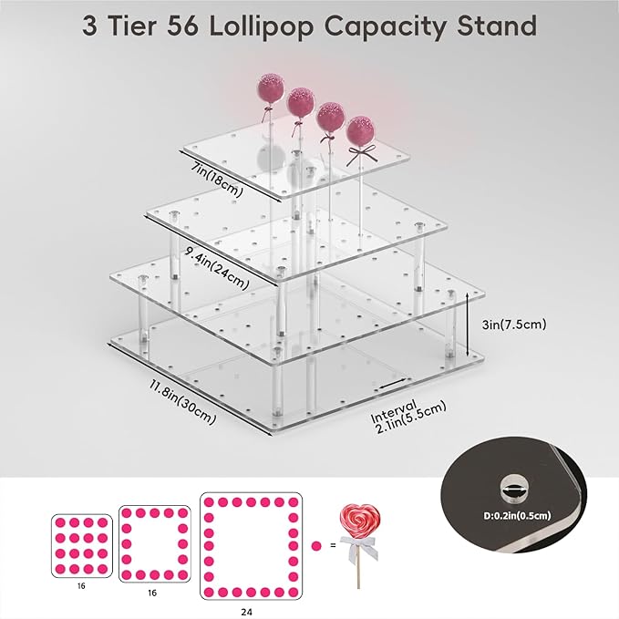 12in Cake Pop Stand Acrylic Cakepop Display Stand,Large Tree Clear Lollipop Holder,3 Tier Display Tower for Sweets,56 Hole Big Candy Transparent Cake Pops Dry Stand Lollipops Wedding Decorating