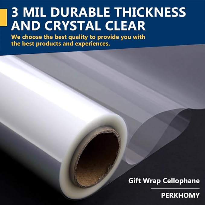 PerkHomy Folded Clear Cellophane Wrap Roll 35" x 70' 3 Mil Thick Cellophane For Gift Basket Treats Goodie Wrapping Craft Flower Bouquet Plastic (35" fold into 17.5")