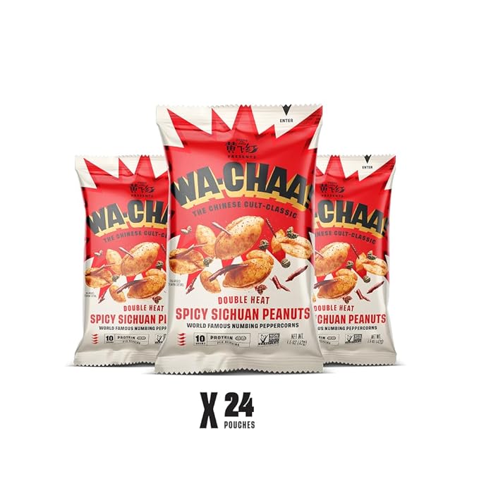 WA-CHAA! Spicy Sichuan Peanuts, Numbing Mala Peppercorns, Toasted Chili Flakes, Protein-Packed, Party Snacks, Non-GMO, On-The-Go Travel Size 1.5 Oz (24 Pack, Double Heat)